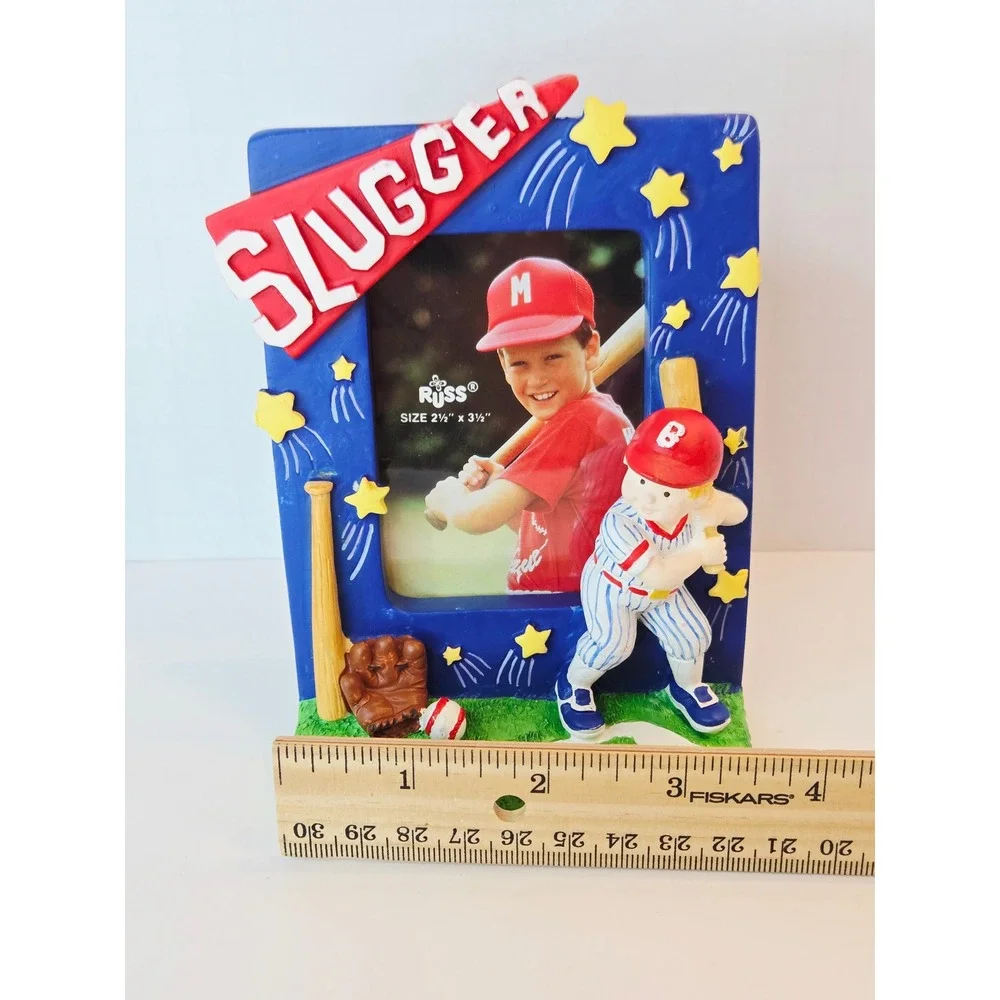 Russ Berrie Slugger Baseball Picture Frame Blue Red 3D Resin 14542 2.5x3.5 Photo